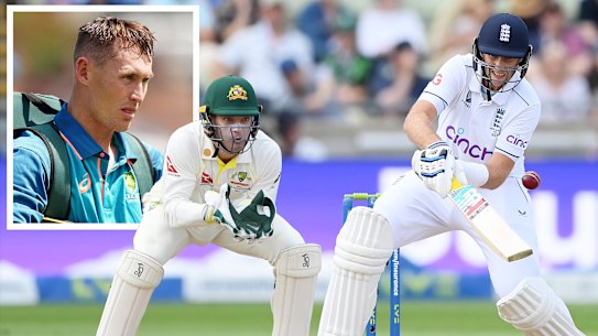 Joe Root plays a reverse ramp shot in the first Test. Inset: Marnus Labuschagne.