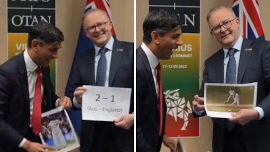 British Prime Minister Rishi Sunak and Australian Prime Minister Anthony Albanese trade light-hearted barbs about the ongoing Ashes series.