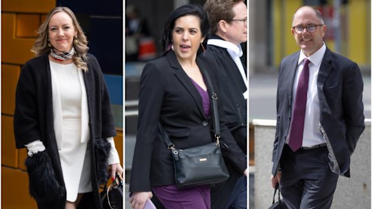 Liberal backbench MP Renee Heath, Moira Deeming and Richard Riordan at the Federal Court in Melbourne on Friday.