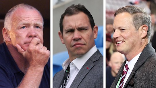 (From left) late Sea Eagles legend Bob Fulton, CEO Tony Mestrov and chair Scott Penn.