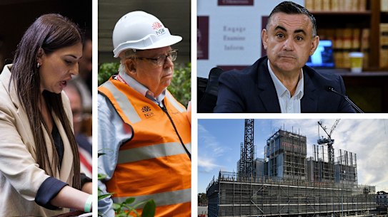 Eleni Petinos, David Chandler, John Barilaro and the Merrylands worksite.