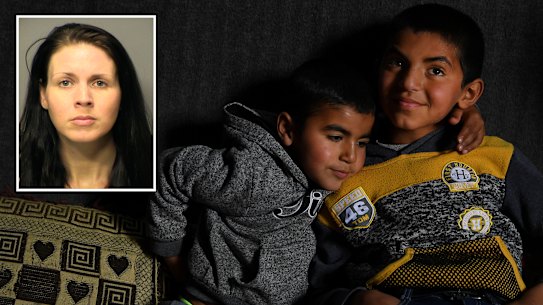 Anas Azad, 4, hugs his nine-year-old brother, Ayham Azad, at their home in Sharya village, Iraq. Inset: Samantha Elhassani