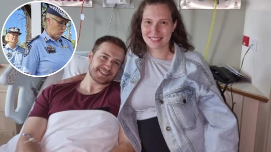 Constable Randall Kirk with wife Breanna in hospital; (inset) an emotional Katarina Carroll chokes back tears as she describes the heartbreak she felt walking through the scene.