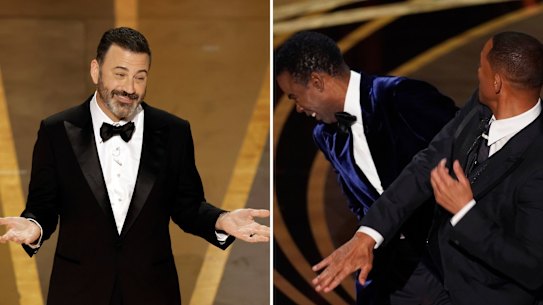 Jimmy Kimmel jokes about the slap at the 2023 ceremony.