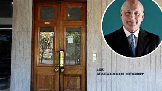 The entrance to the Australian Club in Sydney, and inset, Geoffrey Cousins. 