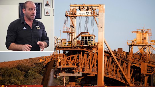 ETU WA secretary Adam Woodage (inset) and BHP's facility at Hedland Port.