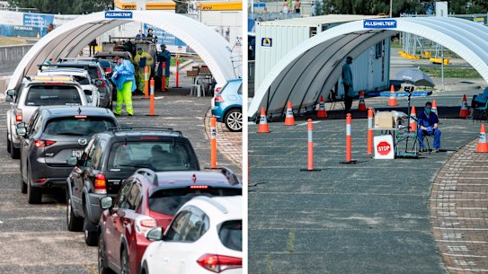 The Bondi COVID-19 testing site in May (left) and on Tuesday (right).