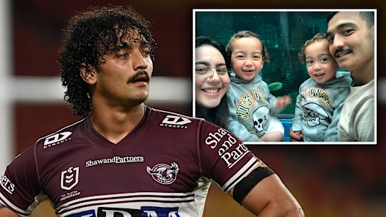 Manly Sea Eagles centre Morgan Harper with his family (inset).
