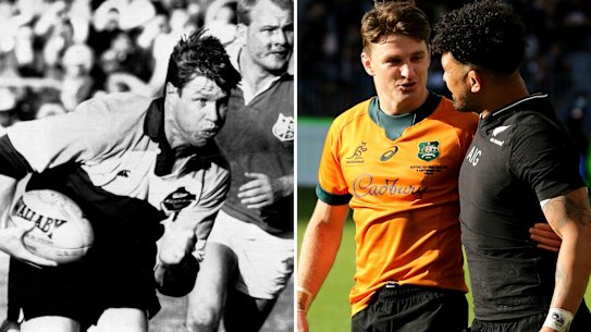 Nick Farr Jones running for the Anzac XV in 1989, and Beauden Barrett and Ardie Savea in a mix of trans-Tasman colours in 2021.