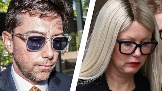 Joe Aston departs the Federal Court; Elaine Stead, right, is suing the AFR and Aston for defamation.