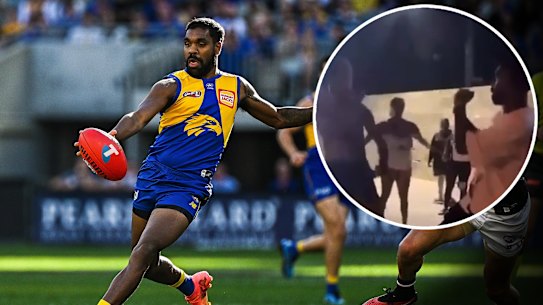 West Coast Eagles star Liam Ryan has been reported to the AFL integrity unit after footage emerged of a brawl in Fremantle on Wednesday evening (inset). Pictures: Getty/Supplied