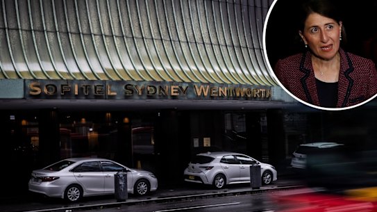 Composite - The Sofitel Wentworth Hotel, the site of a new case of community transmission of COVID-19 on 14 March, 2021. Photo: Brook MitchellSYDNEY, AUSTRALIA - MARCH 17: Gladys Berejiklian, Premier of New South Wales, speaks during the Hamilton Media Call at the Lyric Theatre on March 17, 2021 in Sydney, Australia. The NSW Government have granted an exemption allowing Hamilton to have full capacity attendance during performances in Sydney. (Photo by Ryan Pierse/Getty Images)
