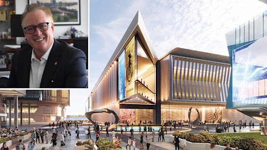 New City of Perth Lord Mayor Bruce Reynolds and an artist’s impression of the revamped Perth Convention and Exhibition Centre. Picture: Supplied/Carla Hildebrandt