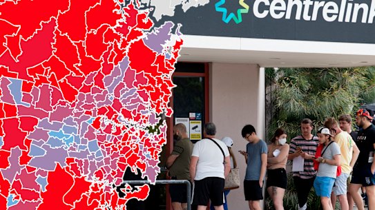A ring of outer-Sydney suburbs are among the most reliant in Australia on JobKeeper. 