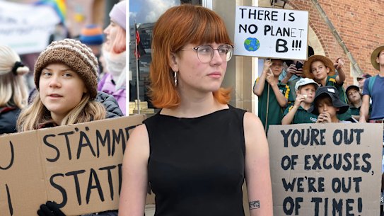 Matilda Lane-Rose, 19, centre, is one of the activists arrested and charged over a protest at Woodside boss Meg O’Neill’s home on Tuesday.