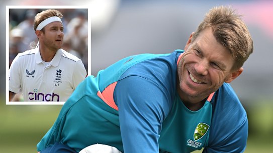 David Warner and (inset) Stuart Broad. 