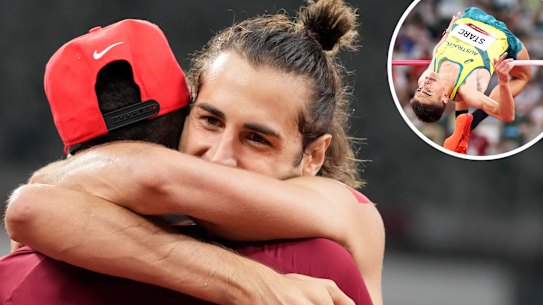 Mutaz Essa Barshim is embraced by Gianmarco Tamberi; inset, Brandon Starc.