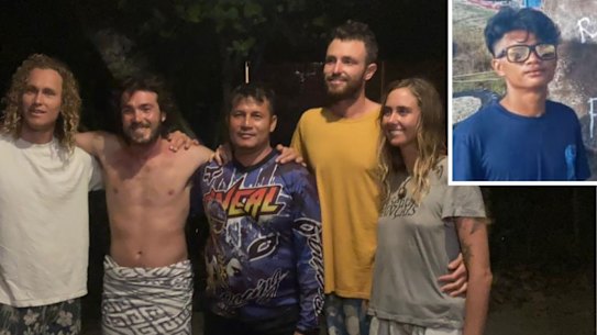 Australians Jordan Short, Will Teagle, Elliot Foote and Steph Weisse with Yustinus Sega, centre, the Indonesian search and rescue officer who found three of them on Tuesday. The fourth, Foote, was picked up by fishermen. Inset: Fivan Satria, who is still missing. 