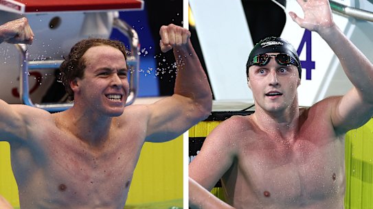 Left: Sam Short after his 400m freestyle victory last year at the world championships in Fukuoka. Right: Elijah Winnington celebrates his 400m freestyle final win during the Australian swimming trials at Brisbane Aquatic Centre in June.