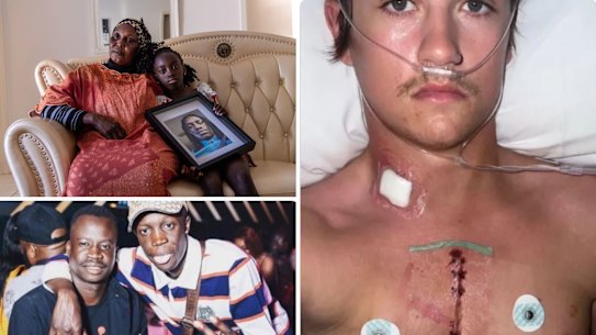 Awatif Ring and Achel Myek Ring, the mother and daughter of stabbing victim Myek Ring (top), brothers Machar Kot and Kon Kot and Ethan Tirant after having emergency open heart surgery.