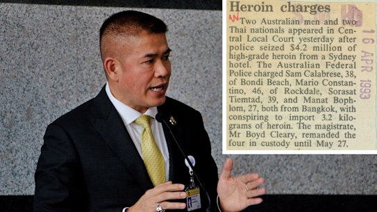 Thammanat Prompao and the newspaper clipping about his arrest in Sydney.