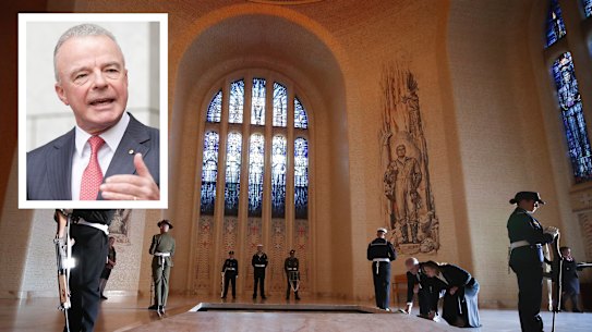 Inset: Brendan Nelson. Main photo: Prime Minister Scott Morrison and Jenny Morrison flowers at the Tomb of the Unknown Australia Soldier.