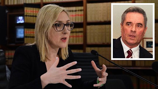 Left: Department secretary Amy Brown on Monday. Inset: Then boss of Business NSW, Stephen Cartwright, pictured in 2015.