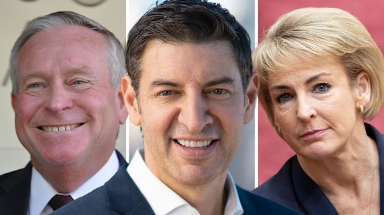 Former WA premier Colin Barnett, Perth Lord Mayor Basil Zempilas, WA Liberal Senator Michaelia Cash. Picture: AAP/Supplied/Alex Ellinghausen