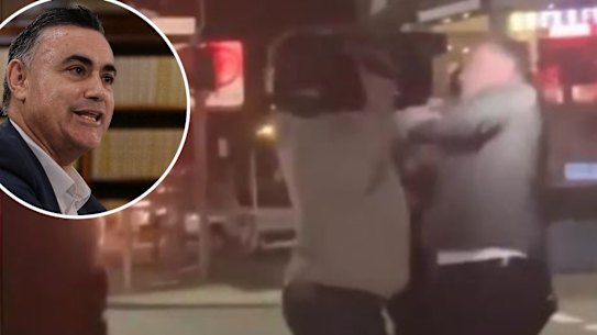 John Barilaro (inset) in a scuffle with a cameraman in Manly.
