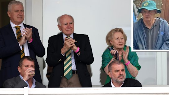 Enjoying the action at Lord’s were (from left, back row) former deputy prime minister of Australia Michael McCormack; former PM John Howard and his wife Janette Howard; and (front row) chair of Cricket Australia and former NSW premier Mike Baird and manager of Tottenham Hotspur FC Ange Postecoglou. Inset: NSW politician Mark Latham.