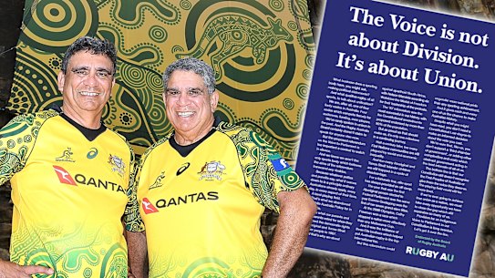 Gary Ella and Glen Ella pose with the First Nations jersey in 2017. Inset, the RA ad in the Sydney Morning Herald.