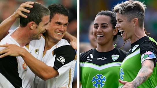 The now defunct New Zealand Knights playing in Sydney in 2007 and, right, A-League Women side Canberra United.