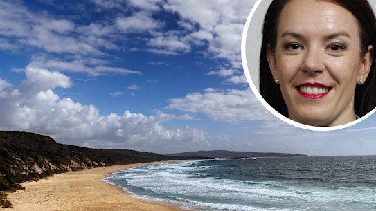 Bournda Beach on Friday where the decomposed foot of Melissa Caddick, inset, was found last Sunday.