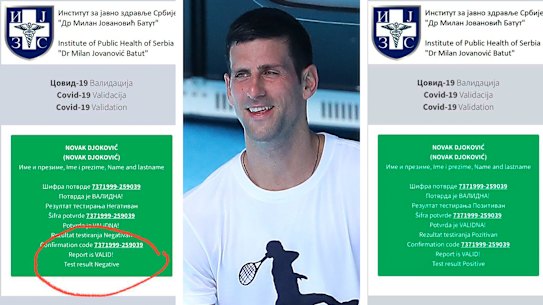 One of Novak’s Djokovic’s PCR test results showing a negative on government website pcr.euprava.gov.rs one hour, positive the next.