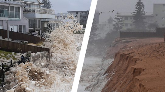 Sea foam whipped up by the strong powerful surf begins to inundate properties along Collaroy.