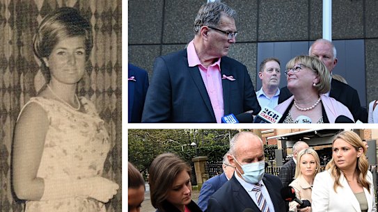 Clockwise from left: Lynette Dawson, her brother Greg Simms and his wife Merilyn Simms speaking to the media after the verdict, and Chris Dawson arriving at the NSW Supreme Court on Monday morning