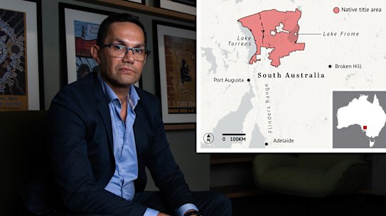 Composite: ORIC’s Selwyn Button. Inset: Map of Adnyamathanha native title area.