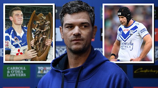 Cameron Ciraldo and (inset) Sonny Bill Williams with the premiership trophy in 2004 and Matt Burton earlier this season. 
