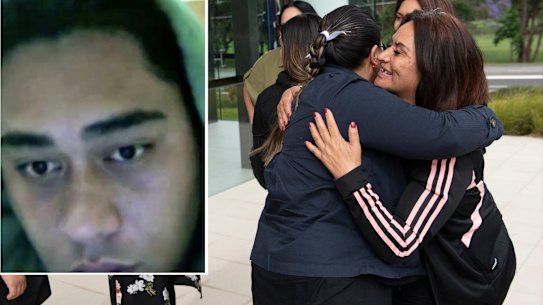 Jack Kokaua's family embrace outside the NSW Coroners Court. 