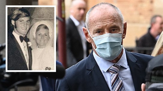 Chris Dawson arriving at the NSW Supreme Court in August before the judge’s guilty verdict. Inset: Dawson with Lynette on their wedding day in 1970.