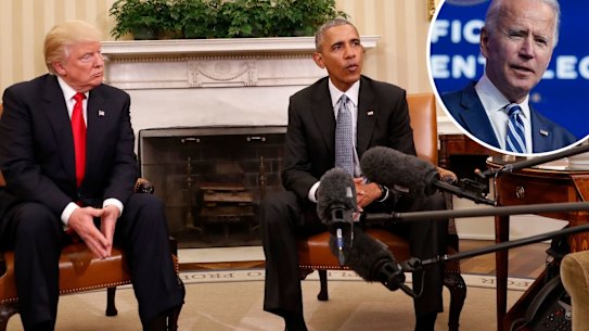 Donald Trump and Barack Obama at the White House in 2016, with Joe Biden (inset). Composite