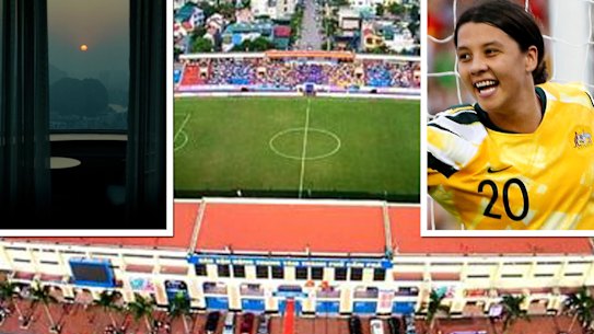 Matildas v Vietnam, Cua Ong stadium, Elise Kellond-Knight's vew from her hotel room and Sam Kerr.