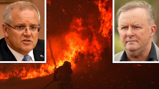 Bushfires in NSW and, inset, Scott Morrison and Anthony Albanese.