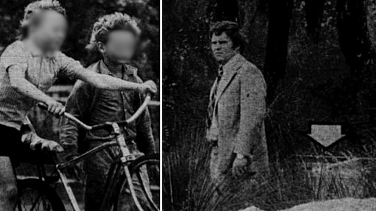 Two of the boys who found Gwenneth Graham’s body in Balga. Norm is not in frame. Right: A photo from the scene that appeared on the front page of the West Australian in October 1974. The arrow indicates the refrigerator.