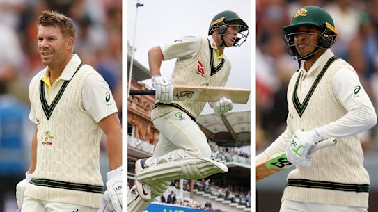 Australia’s David Warner, Marnus Labuschagne and Usman Khawaja.