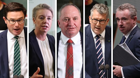 Deputy Prime Minister Barnaby Joyce (centre) has set up a net zero emissions committee within the Nationals. From left: David Littleproud, Bridget McKenzie, Barnaby Joyce, Keith Pitt, Kevin Hogan