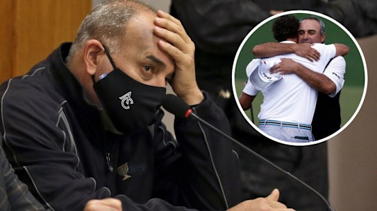Former Masters champion Angel Cabrera during his trial on assault charges and (inset) with Adam Scott after the 2013 Masters.