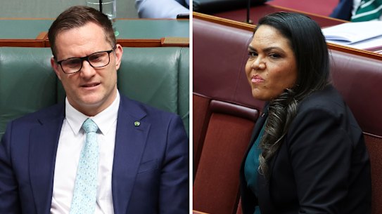 Loggerheads: Alex Hawke and Jacinta Nampijinpa Price.