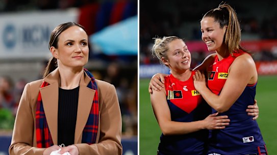Daisy Pearce and her successor as Melbourne AFL skipper, Kate Hore.
