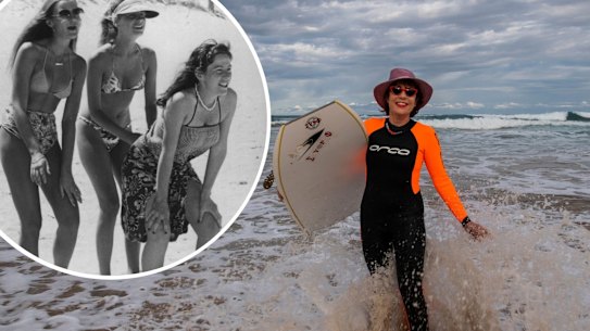 Composite: Author Kathy Lette, at Elouera Beach, Cronulla. Sydney 27th August 2021 Photo Louise Kennerley SMH SUN HERALD
